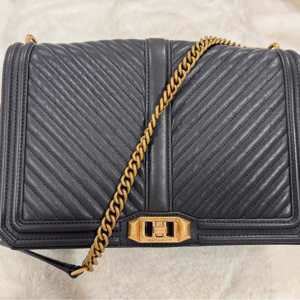 Brand New JUMBO Rebecca Minkoff Chevron Quilted Love Crossbody Bag in GRAPHITE